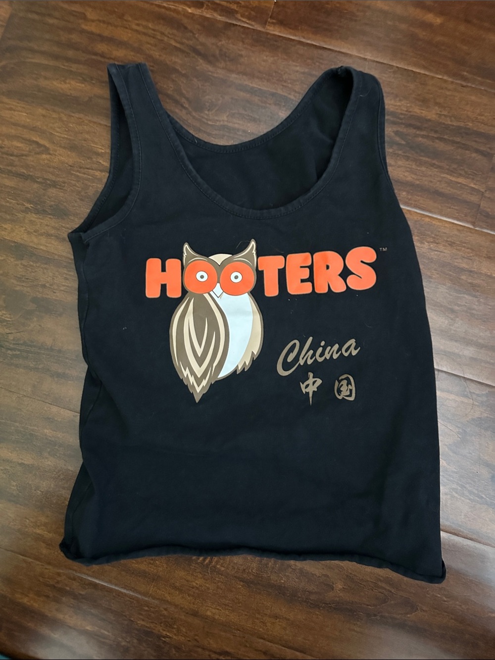 Hooters China 🇨🇳 Black Tank Top with Orange Logo and Owl Graphic